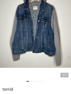 torrid Blue Denim Jacket with Grey Hoodie Sleeves